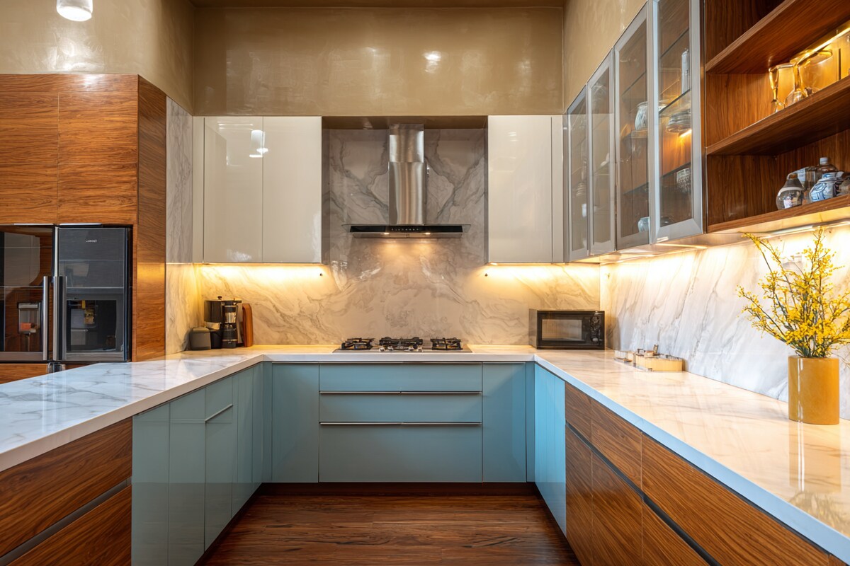 High-Gloss Acrylic Modular Kitchen with Calacatta Quartz Countertop & Seamless Edge #141